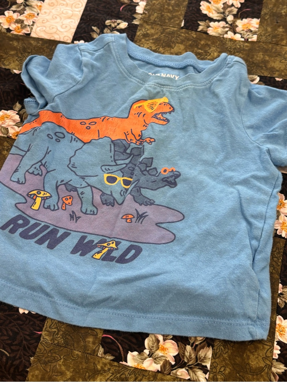 Old Navy Light Blue Tee with Orange & Gray Dino Graphic size 12-18 months